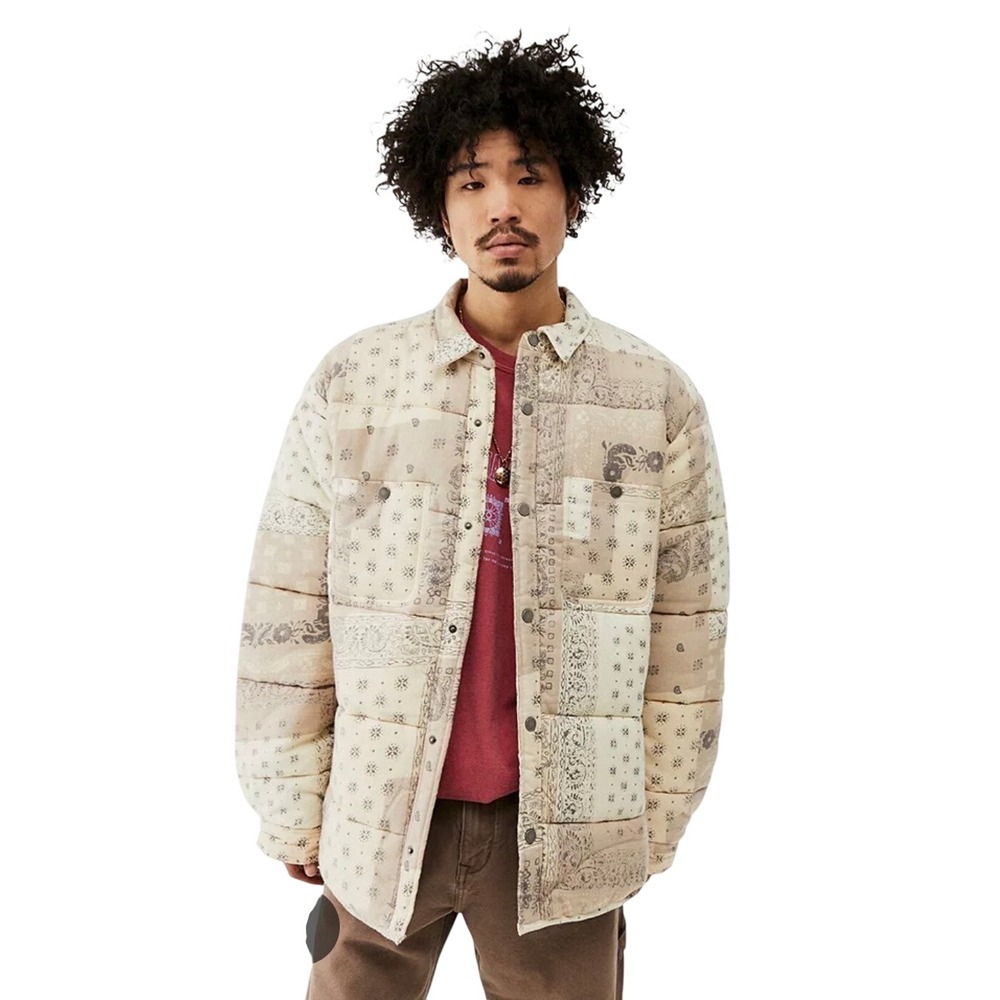 BDG Puffer Shirt Jacket Large Beige Patchwork Bandana Quilted Gorpcore Boho